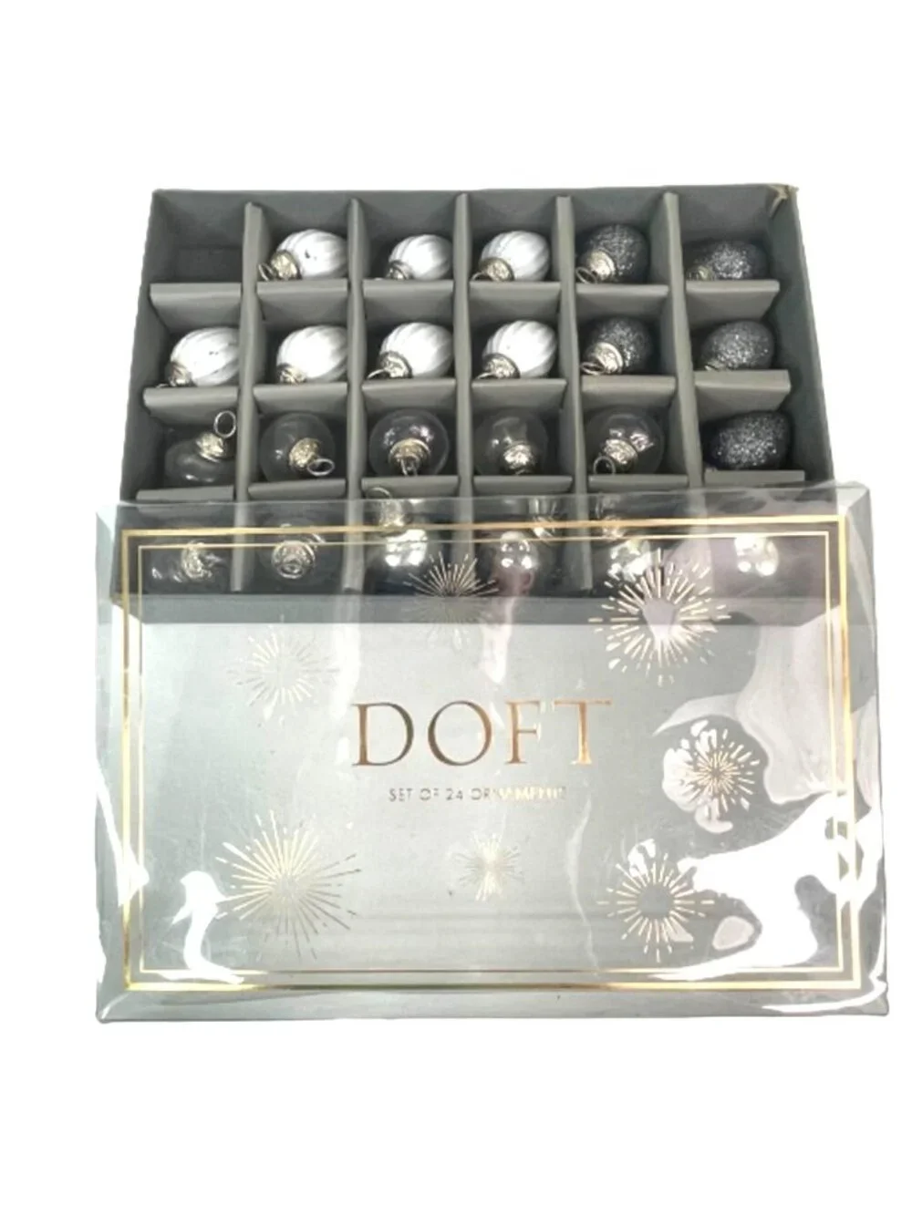 DOFT Mini Mercury Glass Christmas Ornaments Set White Silver Clear w/ Box Lid